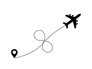 Black airplane flying with dotted line and location pin