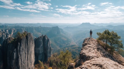 Man standing on a rocky peak overlooking a vast mountain landscape. Adventure travel and exploration concept for nature tourism.