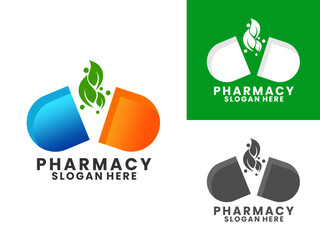 Capsule with leaf modern logo design vector template. Medical pharmacy logo design icon