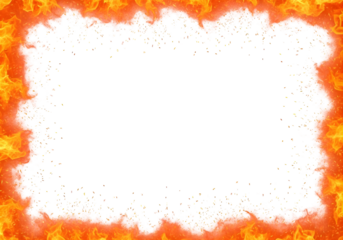 Vibrant orange and yellow flames border with white center space for text or image isolated on transparent background
