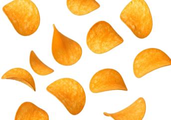 Scattered potato chips isolated on transparent background in a random pattern