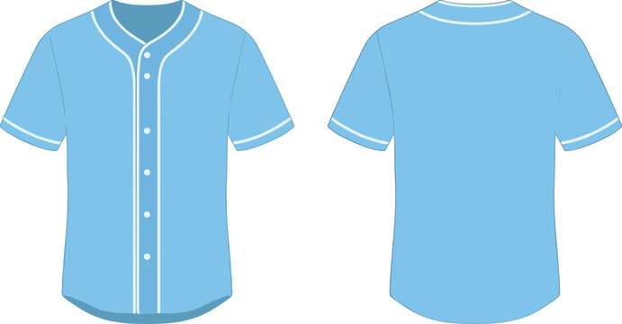 Light blue baseball jersey front and back view, short sleeve button uniform apparel mockup, sport team clothing vector