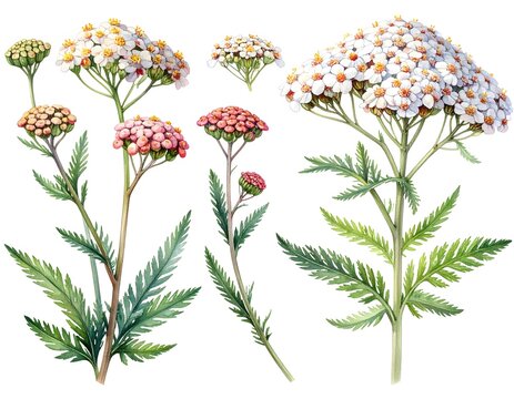 Botanical illustration of yarrow plants with white and pink flowers and green leaves, detailed watercolor painting on white background.