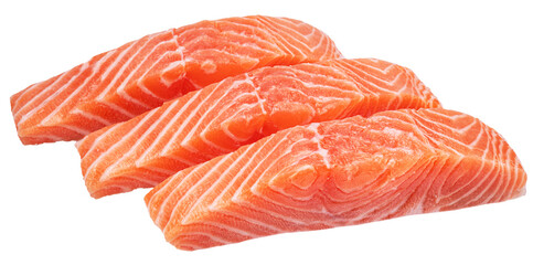 Three salmon slices, fresh salmon fillet isolated.
