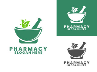 Mortar with plant leaves logo design. Pharmacy Herbal logo icon design vector template.