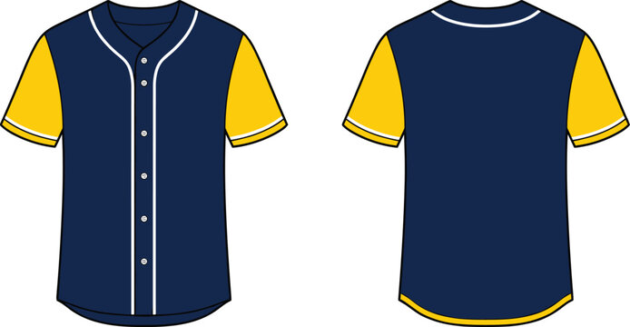 Navy blue baseball jersey with yellow sleeves front and back view, short sleeve button uniform apparel mockup vector