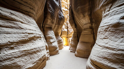 A narrow canyon with sandstone walls and a sandy floor leading to a bright light