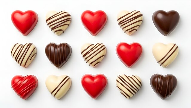 Overhead flat lay of assorted heart-shaped chocolates in red, white, and brown hues with striped patterns on a plain white background.