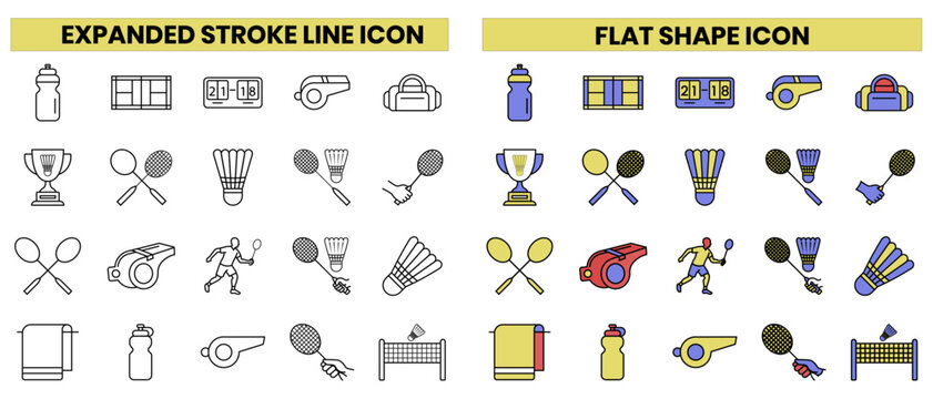 Badminton game vector icon set with editable and expanded shape style. Games and sports icon on racket, tournament, match, athlete, shuttlecock, feather clip art symbols.