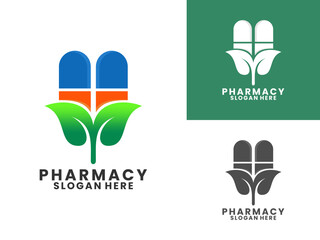 Two capsule pills with herbal plant logo design vector template