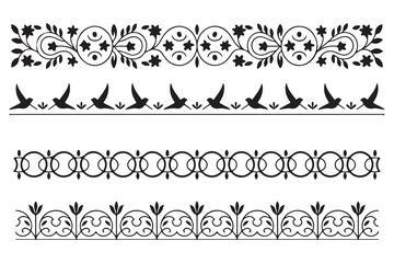 Set of Four Elegant Black Floral and Ornamental Border Dividers Illustration
