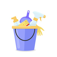 Cleaning Supplies in Bucket Flat Vector Illustration