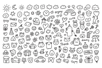 Cute Hand-Drawn Doodle Icons Collection with Positive Words and Kawaii Elements Illustration