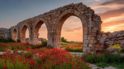 Ancient stone aqueduct arches standing tall in a vibrant red poppy field. Historical ruin at sunset for travel blog, history book cover.