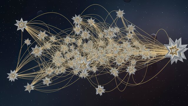 Abstract network of interconnected star-like nodes representing data flow and complex systems. - Powered by Adobe