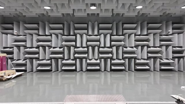 Interior view of an anechoic chamber with acoustic absorption material walls featuring geometric structural patterns
