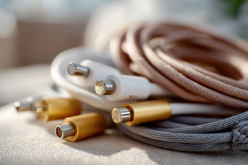 Close-up of Wiring Cables with Metallic Connectors in Soft Light for Technology and Engineering