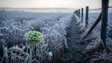 Frosty field with flower and fence at sunrise