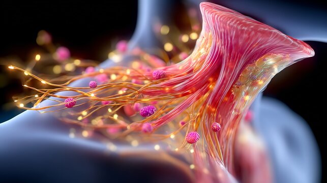 Human Neck Anatomy with Glowing Nerves and Blood Vessels