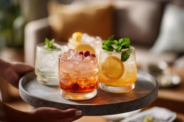 Elegant Tray of Refreshing Cocktails with Fresh Fruit Garnishes in Cozy