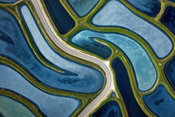 Wide top-down view of water channels forming an organized pattern, controlled flow, sustainability as system management,