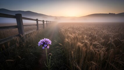 Serene sunrise over misty wheat field with vibrant purple flower