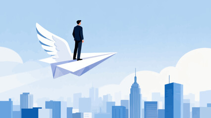Obraz premium Man with wings on paper plane over city