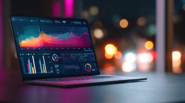 Laptop displaying financial analytic data. Digital dashboard with business graph and chart for stock market analysis. Investment strategy and technology concept. - Powered by Adobe