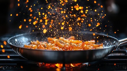 Culinary scene shrimps sizzling in a pan with sparks, creating a visually appealing cooking process