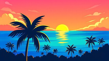 Retro pixel art illustration of a vibrant tropical sunset over the ocean with palm tree silhouettes
