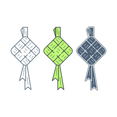 Ketupat illustration with three different styles. Ketupat is a traditional Indonesian food that is identical to Eid al-Fitr celebrations. Ramadan theme. Vector illustration.