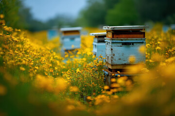 Bee, Hives in a Vibrant, Field - Rustic Wooden Boxes Amidst Lush, Blossoming Meadow for Sustainable,
