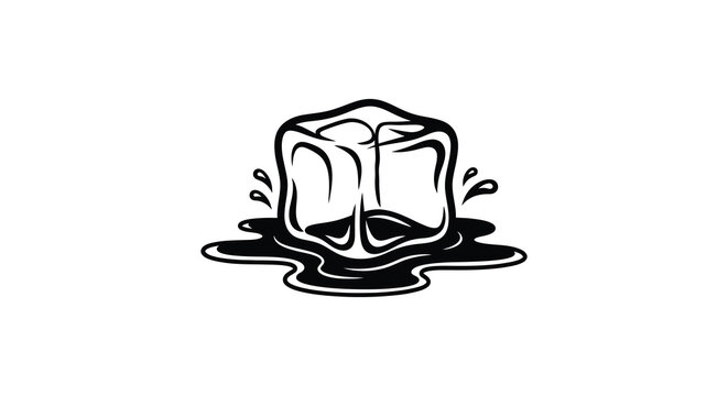 Melting ice cube with water droplets a striking black and white silhouette