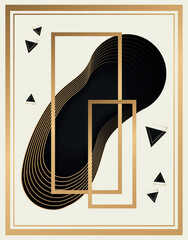 Luxury geometric abstract poster with black shape and golden lines