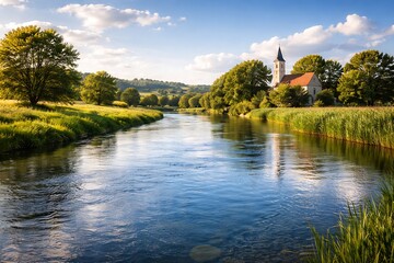 Fototapeta premium Peaceful river landscape with reflections and a small village church on the horizon