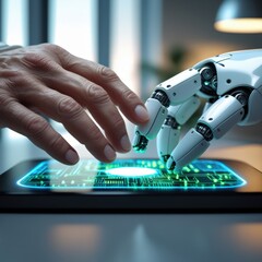 Human and AI hands meet at a glowing holographic circuit display.