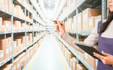 A young Asian woman, an auditor or intern, is verifying inventory using a digital tablet. This relates to the concept of Asian business ownership or small businesses.