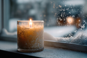 Christmas Candle Glowing Warmly by Frosted Window Evoking Festive
