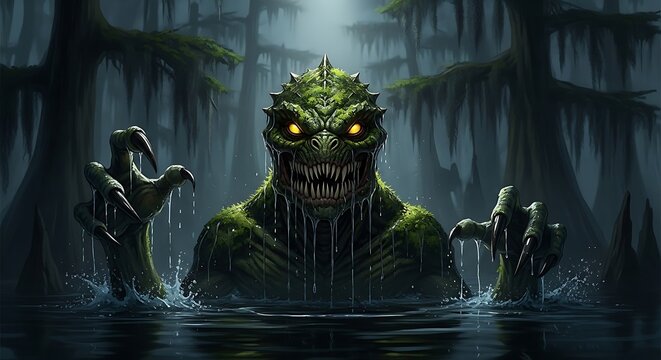 Green reptilian creature emerges from misty swamp waters.