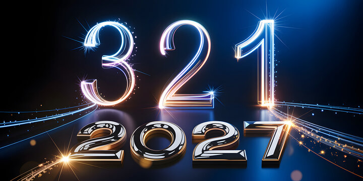 Glowing 3D Countdown Illustration 321 2021 New Year Celebration Glossy Metallic Numbers with Neon Lights