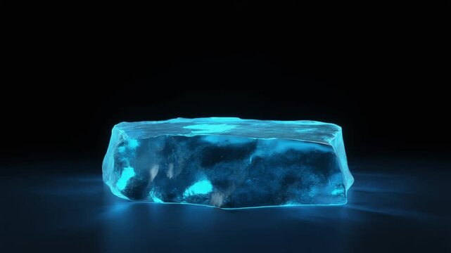 A single translucent blue ice block rests on a dark surface with black background, glowing under light, smooth and irregular shape reflecting cold, purity, and dramatic contrast in frozen stillness.