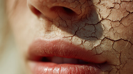 Obraz premium Close up portrait of a woman with severely dry cracked skin texture showing dehydration and skin damage