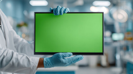 Computer Lab Scientist Holding Blank Green Screen Tablet in Laboratory for Innovative Technology