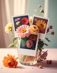 A creative and aesthetic floral composition featuring a vase of vibrant flowers surrounded by Polaroid-style photos, capturing the beauty and charm of the floral arrangement in a nostalgic retro style