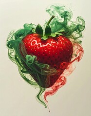 A strawberry shaped like a heart surrounded by red and green smoke, creating a vibrant, artistic effect. The strawberry is fresh and juicy, with the smoke swirling around it on a light background.