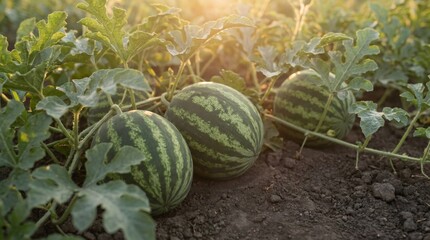 Watermelons developing on vines across dark, rich soil in an agricultural field, basking in the warm glow of the late afternoon sun, representing natural growth and fresh produce
