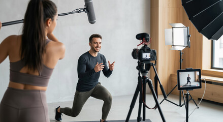 Professional Male Fitness Trainer Recording Online Workout Video Class in Studio with Full Production Crew
