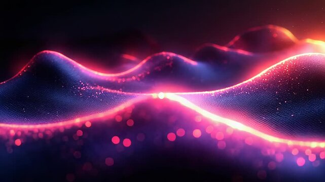 Purple and pink glowing particles forming abstract flowing waves, representing data visualization, technology, big data, artificial intelligence, and digital communication networks