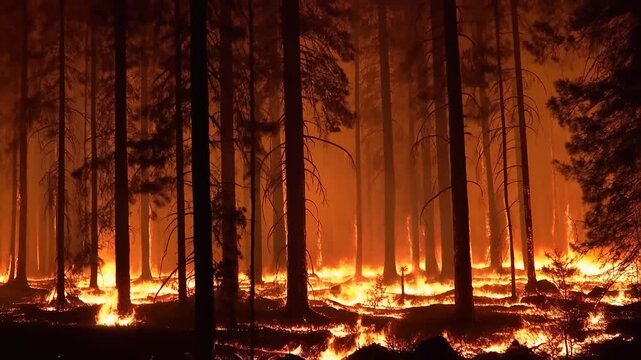 Forest fire raging through trees.