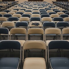 Naklejka premium Rows of empty folding chairs in an auditorium or event space.